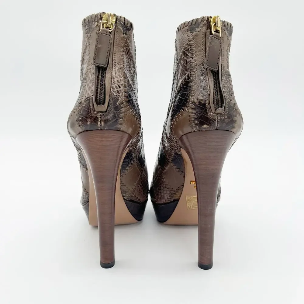 Prada Taupe Brown Mixed Croc Snakeskin Embossed Patchwork Peep Toe Booties IT 38